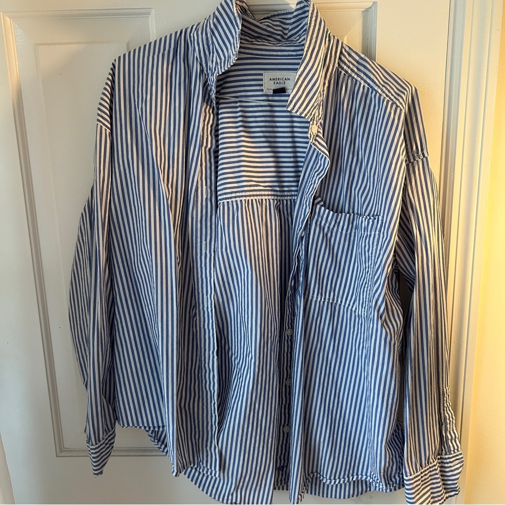 American Eagle Blue and White Striped Button Up Shirt